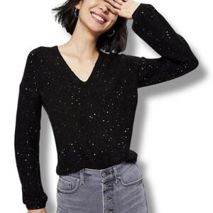 NWOT LOFT Size L Black Long Sleeve Double V-Neck Sequined Sweater